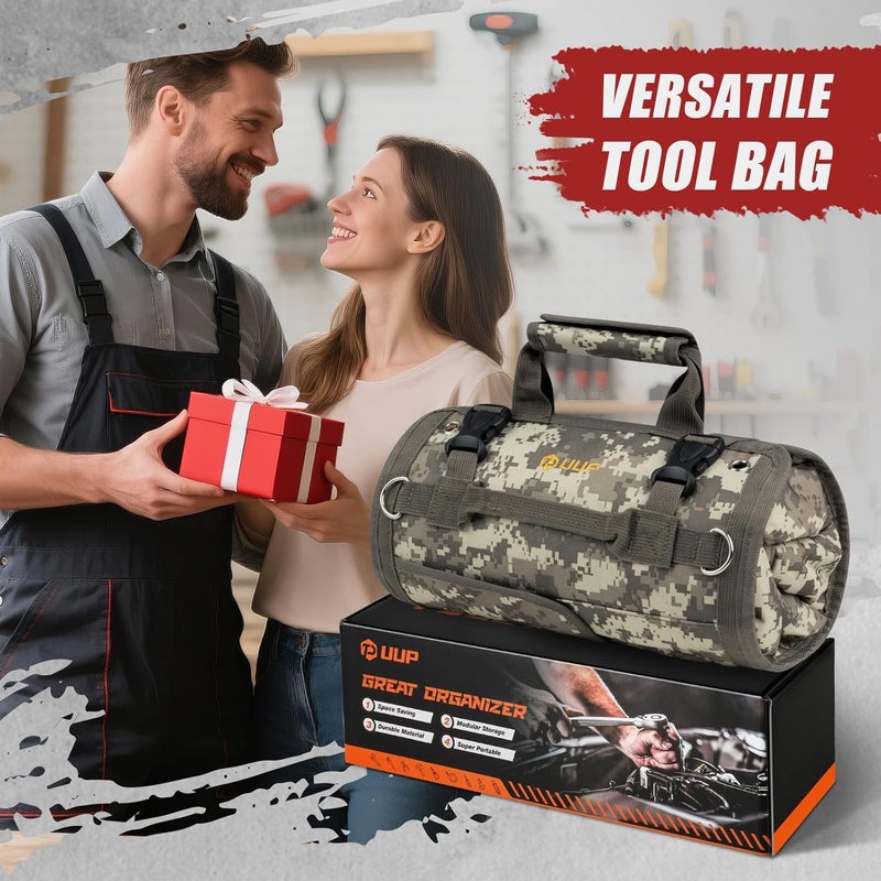UUP Tool Bag Roll Up, Heavy Duty Rolled Empty Tool Storage Organizing, Portable Tool Roll Container with 2 Detachable Pockets, Folding Tool Holder, Father Day Dad Men Electrician Gift, Camouflage - Image 4